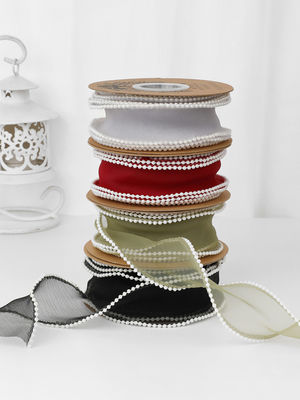 Cinturón de organza de poliéster de borde de perla de 40 mm para embalaje de regalos de lujo