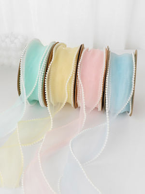 Cinturón de organza de poliéster de borde de perla de 40 mm para embalaje de regalos de lujo