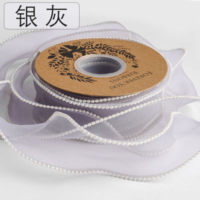 Cinturón de organza de poliéster de borde de perla de 40 mm para embalaje de regalos de lujo