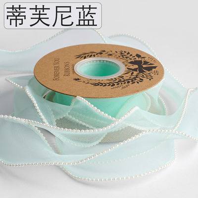 Cinturón de organza de poliéster de borde de perla de 40 mm para embalaje de regalos de lujo