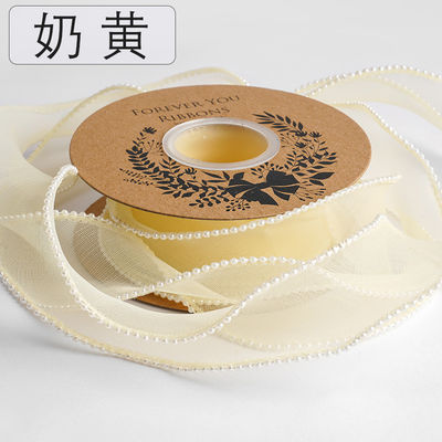 Cinturón de organza de poliéster de borde de perla de 40 mm para embalaje de regalos de lujo