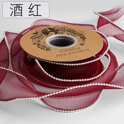 Cinturón de organza de poliéster de borde de perla de 40 mm para embalaje de regalos de lujo